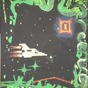 May include: Abstract painting on a black canvas with green, white, and orange paint. The painting features a large green shape in the upper right corner, a smaller orange shape in the upper center, and a white shape in the lower left corner. The painting is reminiscent of a night sky with stars.