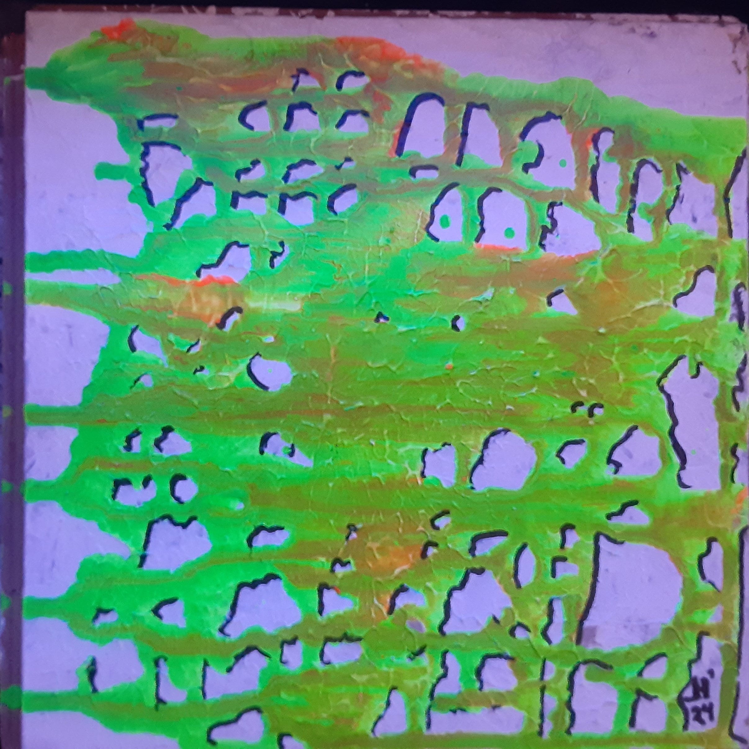 Original Acrylic Fluorescent Abstract Splatter Painting Permanent Marker on Flooring Panel Remnant. 8.375"x8.25" "Archways to Introspection"