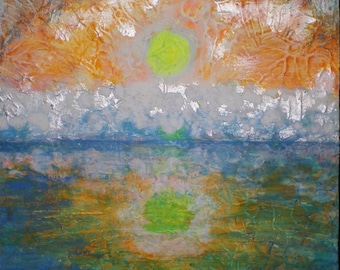 Original Landscape Ocean Sunset Painting Acrylic Neon Blue Orange Sun Reflection 8.25&quot;x8.25&quot;x.5&quot; 2024