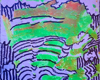 Original Acrylic Fluorescent Abstract Splatter Painting Marker on Flooring Panel. 5.5&quot;x8.5&quot; &quot;Tornadic Activity&quot;. June 2024