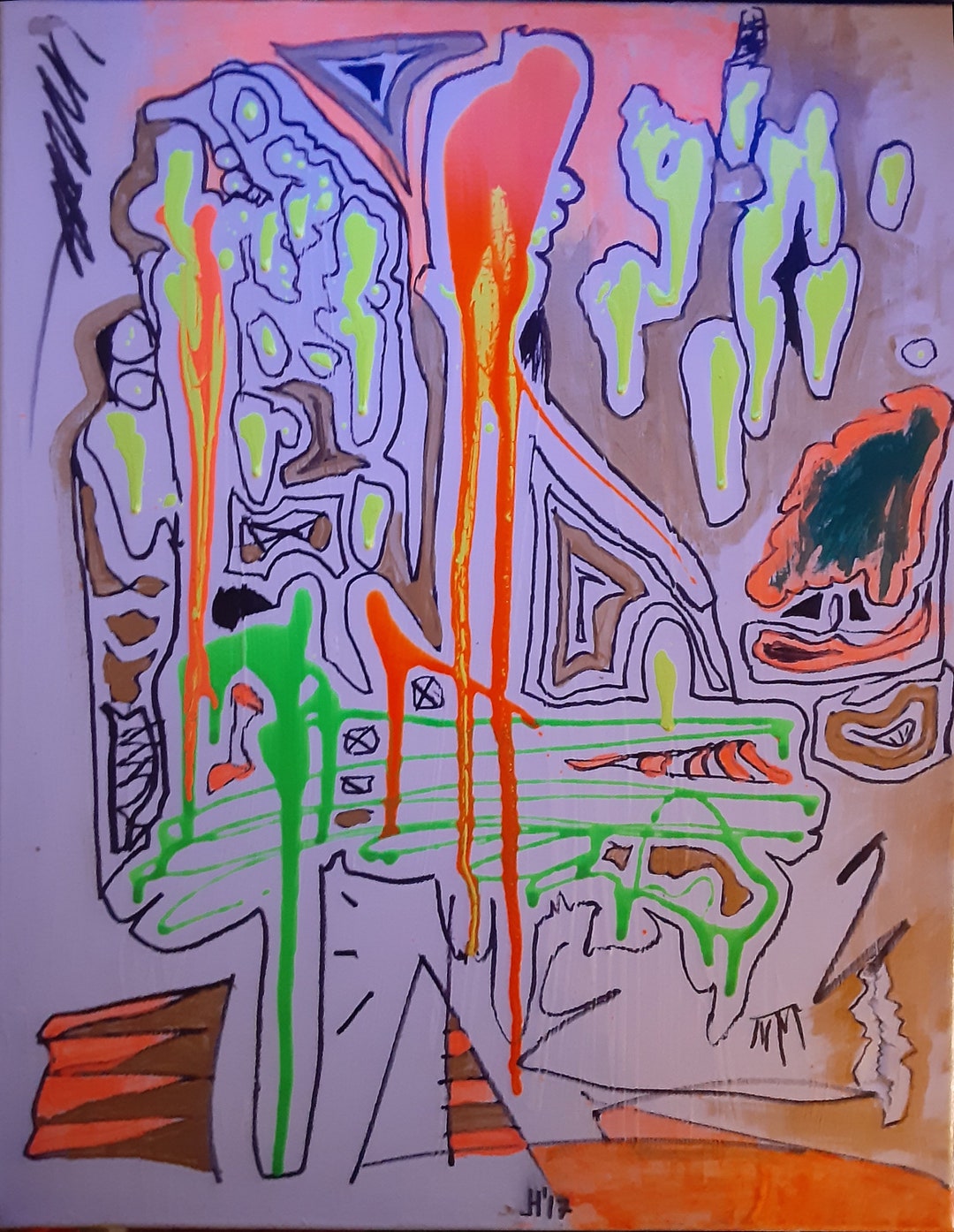 Original Fluorescent Acrylic Painting Abstract Drips Lines Ripped ...