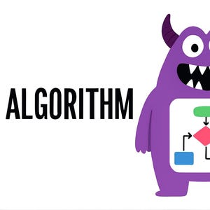 May include: A purple cartoon monster with horns and a wide grin, waving a hand. The word "ALGORITHM" is in bold black letters. The monster has a diagram on its chest with colored shapes and arrows.