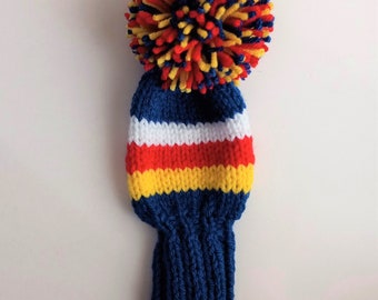CUSTOM Hand Knit Headcovers with Wide Stripes Pom Poms. 9". 9.5", 10" for woods to No. 3  and Hybrids. Choose Colors, Match Bag, Sports Team
