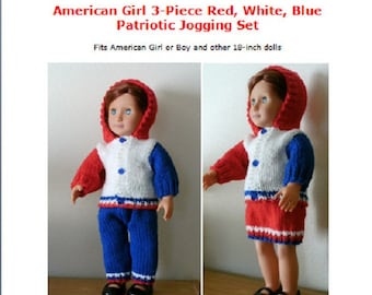 Download KNITTING PATTERN Three Piece Red White Blue Jacket Pants & Skirt Set for 18-inch popular girl boy dolls, sports clothes, winter