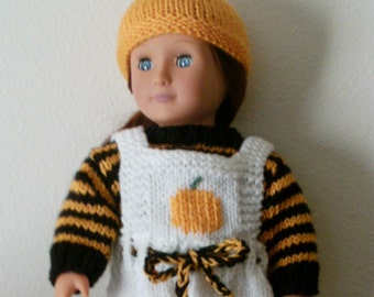 KNITTING PATTERN “Little Pumpkin” Overalls, Striped Sweater, Booties, Beanie Cap, Orange Black for 18 inch dolls