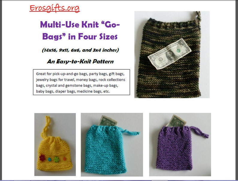 Easy Knit Bug Out Bags For Gifts Jewelry Money Crystals Gemstones Make Up Toys Diapers Medicine Knitting Pattern Instant Download