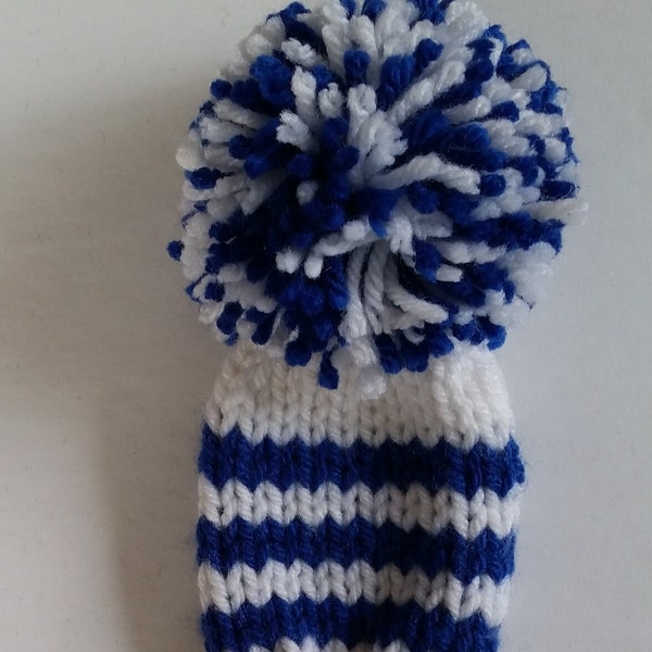 Knit golf club head cover White * with 3  blue stripes and pom 8" Hybrid Golf Club Headcover fits Small Hybrid, Iron, Putter 8" Hand knit