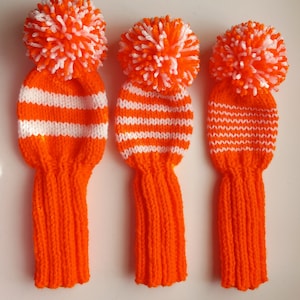 SALE SET of 3 Hand Knit Golf Club Headcovers, 10-inch in orange with white stripes, fit Fairway Woods 3, 5, 7 or hybrid Ships NOW