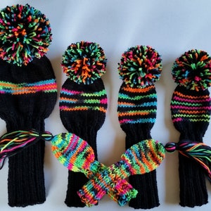 CUSTOM Set 6 Golf Club Head Covers in Black and Neon Stripes, for Driver woods, hybrid, woods, fairway golf clubs