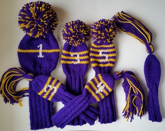 PURPLE and GOLD Hand Knit Headcovers Choose Size. Choose Poms or Tassels Driver, 3, 5, 7, 9, 11 Woods, Small/Medium Hybrids, Putter Cover