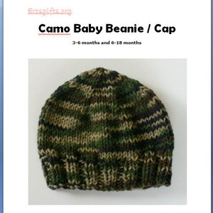 SALE PATTERN Camo Camouflage for Infant Beanie to fit Newborn, 3 mo, 6 mos, 12 mo, 18 mo KNITTING Pattern Easy-to-Knit, 2 needles image 1