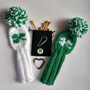 SET of Two IRISH Shamrock Golf Club Head Covers Gift Set, poms, Retro Look 8 -inch fit irons, hybrids, wedges, putters. great gift