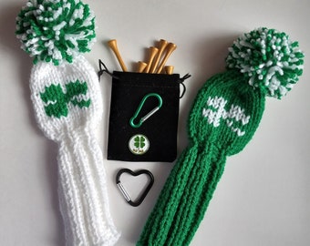 SET of 2 St. Patrick's Day Shamrock Golf Club Head Covers Gift Set, poms, Retro Look 8 -inch fit irons, hybrids, wedges, putters. great gift