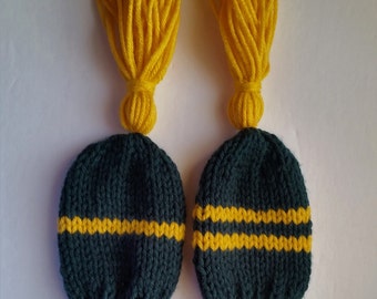 9" Hand Knit Hybrid Headcover Dark Green, 1/2 Gold Stripes, Gold Tassel, Fits Medium Hybrids, Small Woods, Oversized Irons