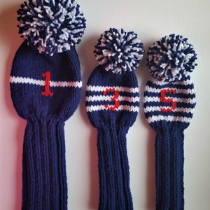 CUSTOM Head Covers Set Hand Knit Retro-Vintage-Look Golf Club Head Covers Any Color Combo, PLUS Numbers