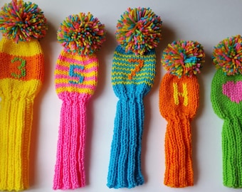 Hand Knit Golf Club Headcovers • Retro Pom Pom Candy Colors Set