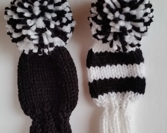 BLACK and WHITE Set of 2 Hand Knit 8" Hybrid Golf Club Headcover fit Small Hybrid, Iron, Putters, Retrievers Stripes Multicolor Pom