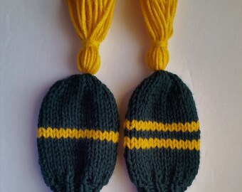 Dk Green/Gold 1/2 Stripes Set of 2 Hand Knit 8" Hybrid Golf Club Headcovers fit Small Hybrid, Iron, Putters, Retrievers Stripes Gold Tassels