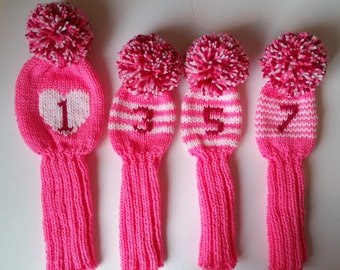 FOUR Hand Knit CUSTOM Golf Club Head Covers, Heart, Bright Pink/white with numbers, poms, for Drivers, Woods, Hybrids