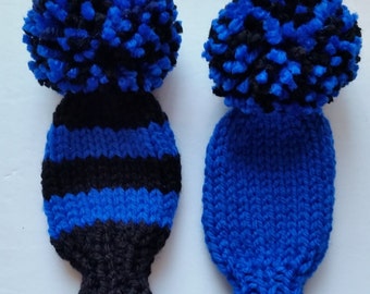 BLACK and ROYAL BLUE Set of 2 Hand Knit 8" Hybrid Golf Club Headcover fit Small Hybrid, Iron, Putters, Retrievers Stripes Multicolor Pom