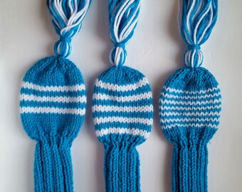 Hand Knit Golf Club Headcovers, 10-inch Any Color. Stripes, Number, Pom or Tassel fit Drivers, Woods 3 5 7 or 9 11 Hybrid Vintage style gift