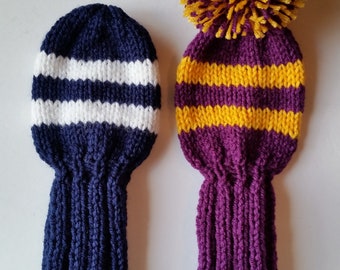 DIY KNITTING PATTERN Sports Retro Vintage Look Golf Club Covers, Make in Collegiate Colors Instant Download Sports Colors, Optional Pompom