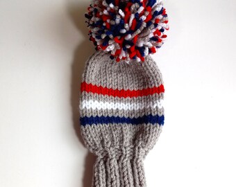 SALE Hand Knit Headcover for Fairway Woods up to #3, Grayish with Red, White, Blue Stripes and POM Acrylic