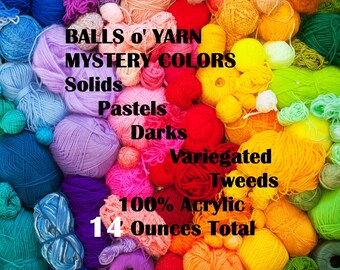 YARN BALLS Mystery Assorted Remnant Yarns Neons Variegated Solids Pastel Primary, Quality Yarn for Charity & Other Projects Acrylic 14 Oz.