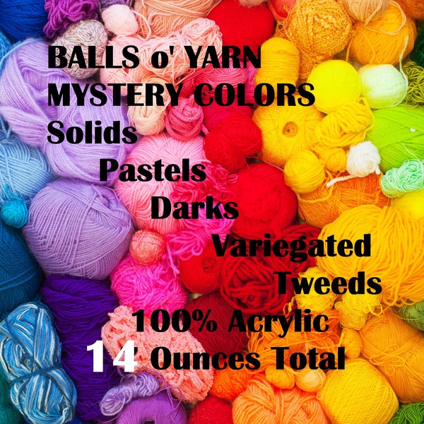 YARN BALLS Mystery Assorted Remnant Yarns Neons Variegated Solids Pastel Primary, Quality Yarn for Charity & Other Projects Acrylic 14 Oz.