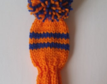 Hand Knit ORANGE with 2 Blue stripes 8" Hybrid Golf Club Headcover with Orange/Blue POM fits Small Hybrid, Iron, Putter, Retrievers,