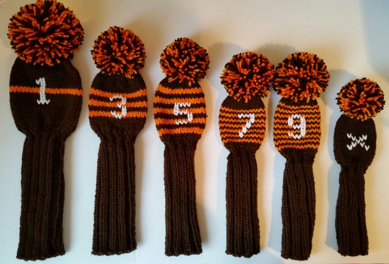 CUSTOM SET of 6 Brown and Orange Hand Knit Golf Club HEADCOVERS Driver Wood, Hybrids image 1