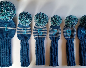 SIX Hand Knit  Custom Retro-Vintage-Look Golf Club Head Covers with pompoms and/or tassels for Drivers, Woods, Hybrids