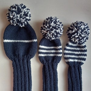 CUSTOM SET of 3 Hand Knit Golf Club Headcovers, Oversized Driver, Fairway Woods 3 and 5, stripes with poms Custom Colors