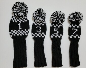 Eros Gifts Exclusive Hand Knit Golf Club Headcovers in Black and White Check Design Retro Vintage Poms Driver Woods 3,4,5,7,9,11, Hybrid