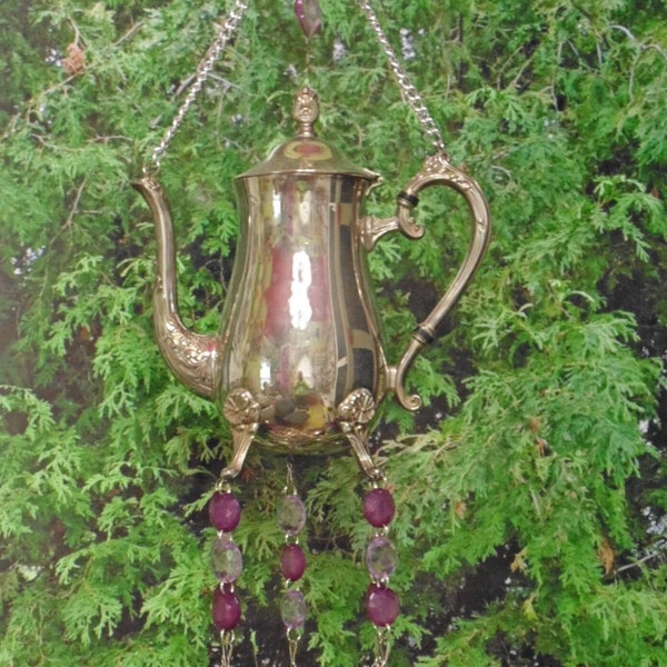 Upcycled Vintage Teapot Wind Chime with Silver Goblet Chimes