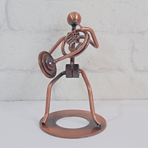 Vintage Welded Nuts and Bolts Man Playing French Horn Industrial Art Sculpture  / Musical Art