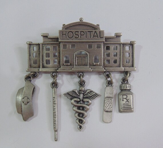 Vintage Signed JJ Pewter Hospital Brooch Pin with… - image 1