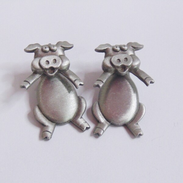 Vintage Signed JJ Pewter Pig Earrings