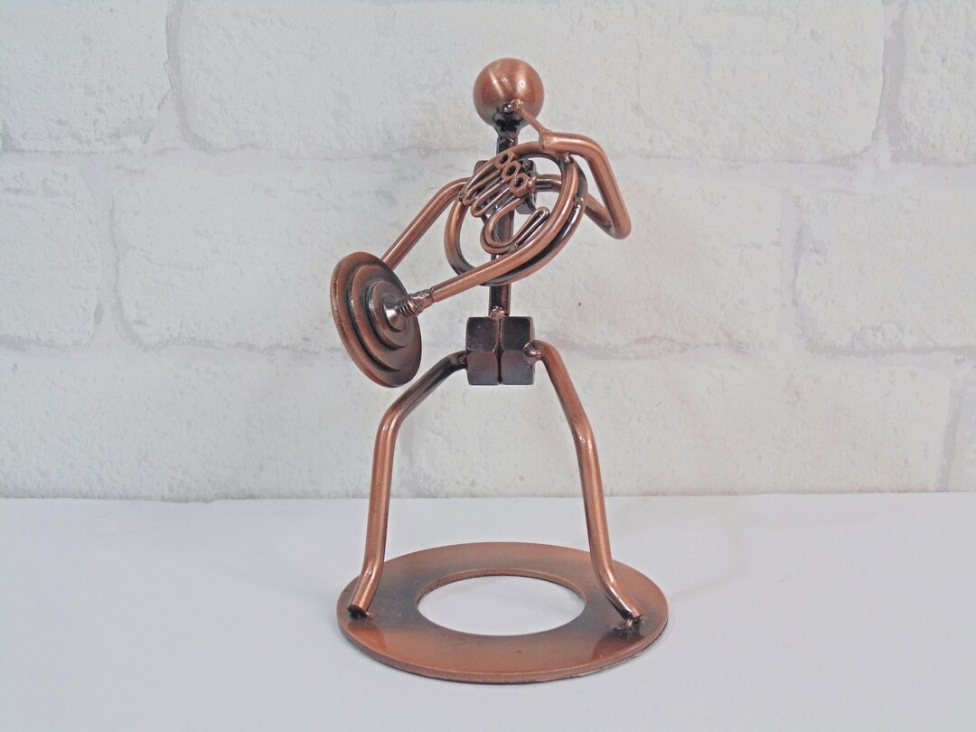 Vintage Welded Nuts and Bolts Man Playing French Horn Industrial Art