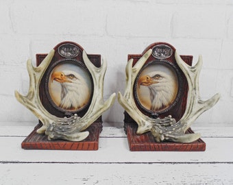 Vintage Pair of Eagle Bookends with Decorative Horns