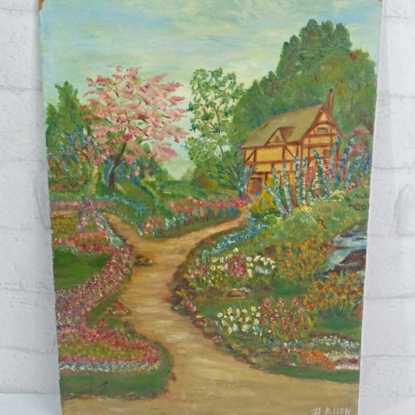 Vintage Cottage Garden Painting / Original Oil Painting