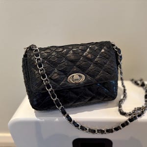 Vintage Black Quilted Leather With Long Leather and Chain Shoulder Strap