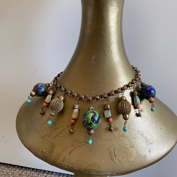 Miriam Haskell Necklace Antique Chinese Lanterns Charm Necklace with Ojime Beads and Semi Precious Stones 2