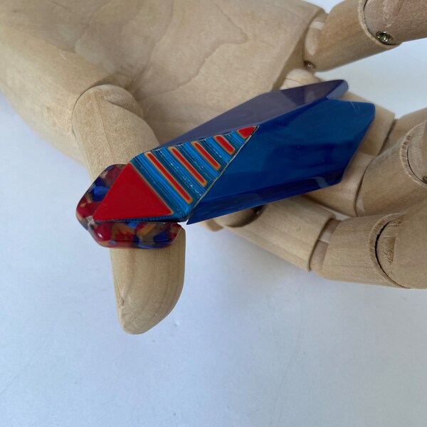 Lea Stein Cicada Insect Art Deco Brooch - Blue and Red