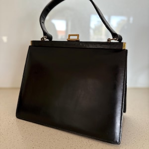 Vintage Black  Leather Top Handle  Handbag 1960