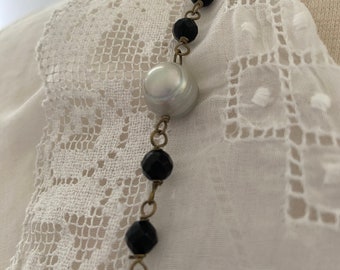 Faux Jet,  Black Glass Tiny Beads and Very Pretty Baroque Pearls Ultra Long