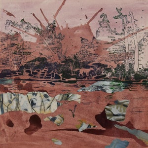 Original mixed Media pittura su carta, nero e verde pittura, pittura di foresta, dimensioni ridotte, pittura, pittura di paesaggio, pittura di volpe