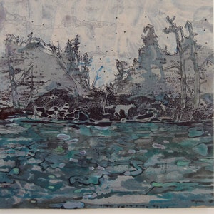 Original mixed Media pittura su carta, pittura verde, foresta pittura, piccole dimensioni pittura, pittura di paesaggio, pittura di volpe