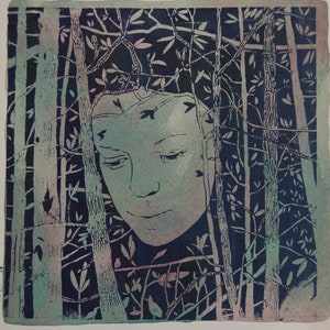 Originali misti Pittura Media. Acquerello su carta, nero e verde pittura, pittura di foresta, dimensioni ridotte, pittura, pittura del ritratto