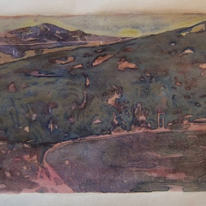 Original-Aquarell auf Papier, Landschaftsmalerei, lila, geringe Größe, Malerei,